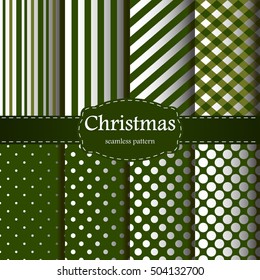 Merry Christmas and Happy New Year! Green and white seamless backgrounds, patterns, wallpapers with traditional holiday symbol. Vector illustration. Set.