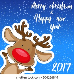 Merry Christmas and Happy New Year 2017 banner. Cute deer on background snowflakes. Hand drawn lettering. Cartoon style. Concept design poster, greeting card or flyer. Vector illustration