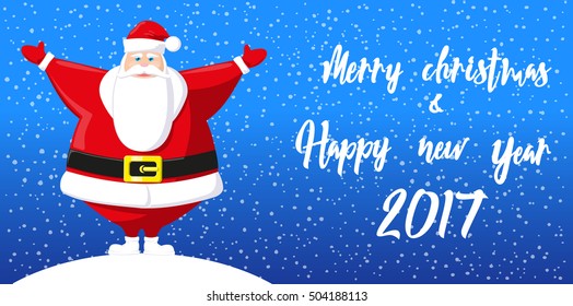 Merry Christmas and Happy New Year 2017 banner. Cute Santa Claus on background snowflakes. Hand drawn lettering. Cartoon style. Concept design poster, greeting card or flyer. Vector illustration