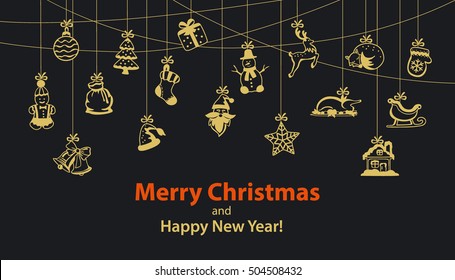 Merry Christmas and Happy New Year seasonal winter hanging rope Garland with decoration items objects elements  design set collection