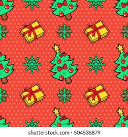 Merry Christmas and Happy New Year Seamless Pattern with Fir Tree Gifts, Snowflakes. Winter Holidays Wrapping Paper. Vector background