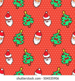 Merry Christmas and Happy New Year Seamless Pattern with Fir Tree, Santa Claus. Winter Holidays Wrapping Paper. Vector background