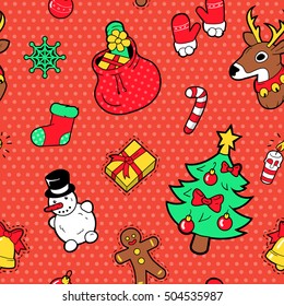 Merry Christmas and Happy New Year Seamless Pattern with Fir Tree Gifts, Candies. Winter Holidays Wrapping Paper. Vector background