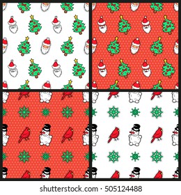 Merry Christmas and Happy New Year Seamless Pattern Set with Fir Tree Snowman Birds, Santa Claus. Winter Holidays Wrapping Paper. Vector background