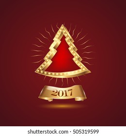 Merry Christmas and Happy New Year background. 3D gold Christmas tree with retro lights and a gold ribbon with 2017 text.