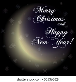 Merry Christmas and Happy New Year Greeting Card. Night sky with a month. Magic Christmas night. Vector illustration.