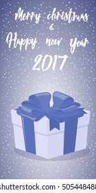 Merry Christmas and Happy New Year 2017 banner. Gift box with big bow on background snowflakes. Concept design poster, flyer, greeting card. Cartoon style. Vector illustration