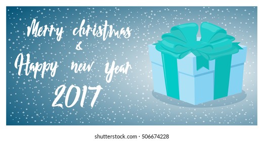 Merry Christmas and Happy New Year 2017 banner isolated on white background. Gift box with big bow on background snowflakes. Concept poster, flyer, greeting card. Cartoon style. Vector illustration.