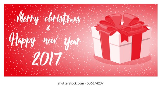 Merry Christmas and Happy New Year 2017 banner isolated on white background. Gift box with big bow on background snowflakes. Concept poster, flyer, greeting card. Cartoon style. Vector illustration.
