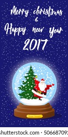 Merry Christmas and Happy New Year 2017 banner. Cute glass Snow Globe souvenir. Snowflakes, tree, funny Santa Claus. Cartoon style. Concept poster, flyer, greeting card. Vector illustration