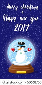 Merry Christmas and Happy New Year 2017 banner. Cute glass Snow Globe souvenir. Snowflakes and funny Snowman. Cartoon style. Concept poster, flyer, greeting card. Vector illustration