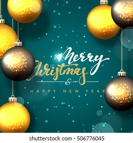 Merry Christmas and happy New Year greeting card. Blue background with Christmas balls and snowflakes. Hand Calligraphy for Xmas Holiday greeting card design.