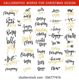 Merry Christmas and Happy New Year 2017 Lettering Design emblems set. New golden and black inscriptions holidays, vector logo, text design. Usable for banners, greeting cards, gifts etc.