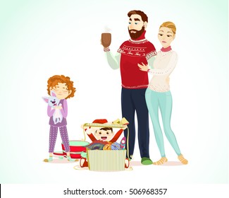 Merry Christmas and Happy New Year time,happy family: father,mother,children. Opening Gift box. Hand drawn Vector illustration,colorful card,separated editable elements.