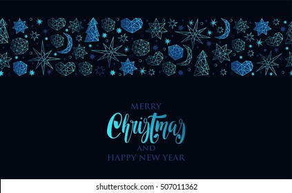 Merry Christmas and Happy New Year luxury blue seamless pattern on black background with stars, balls, noel, heart and holiday elements in trendy geometric style. Greeting card, invitation, flyer.