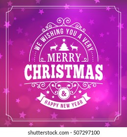 merry christmas and happy new year postcard background. vector holiday greeting card with curl sign and text on pink blurred winter backdrop with stars for print or banners.
