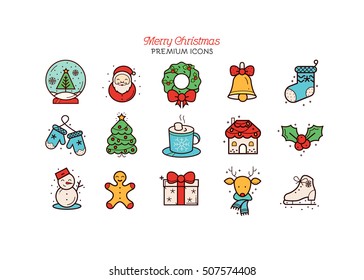 Merry Christmas And Happy New Year thin line style colourful flat icon collection
Premium illustration