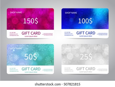 Merry Christmas and Happy New Year gift card or discount card set with colorful bokeh lights backgrounds with snowflakes. Vector design EPS10