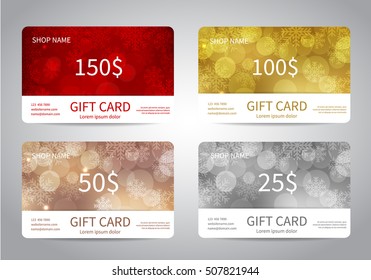 Merry Christmas and Happy New Year gift card or discount card set with colorful bokeh lights backgrounds with snowflakes. Vector design EPS10