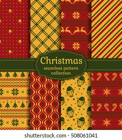 Merry Christmas and Happy New Year! Vector set of retro seamless backgrounds with holiday symbols: candy cane, xmas tree, deer, bells, snowflakes, elfs, Norwegian ornament and abstract patterns.