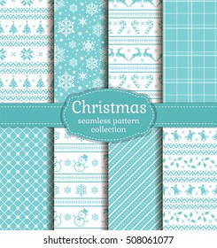 Merry Christmas and Happy New Year! Set of seamless backgrounds with winter holiday symbols: candy cane, xmas tree, deer, holly, bells, snowflakes, snowmans and abstract patterns. Vector collection.