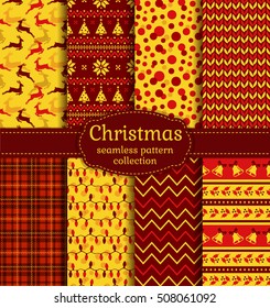 Merry Christmas and Happy New Year! Seamless backgrounds set with xmas tree, deer, holly, christmas light, bells, knitting, Norwegian ornament, checkered and abstract patterns. Vector collection.