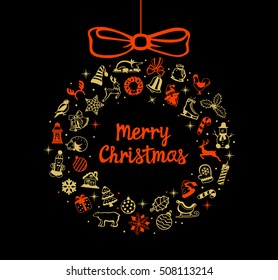 Merry Christmas and Happy New Year decoration, winter holiday elements arranged in circle as hanging xmas tree ball with bow. in gold, red and black colors