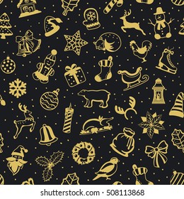 Merry Christmas and Happy New Year seasonal winter Seamless Pattern Texture with decoration items objects elements design in black and gold color