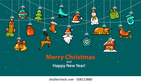 Merry Christmas and Happy New Year seasonal winter hanging rope Garland with colorful decoration items objects elements design set collection 