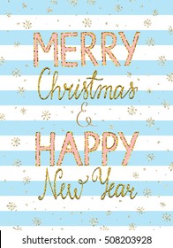 Merry Christmas and Happy New Year lettering with gold letters, snowflakes and snow on blue stripes.