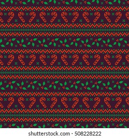 Merry Christmas and Happy New Year! Elegant seamless background with candy cane and holly. Knitted patterns in black, orange and green colors. Vector illustration.