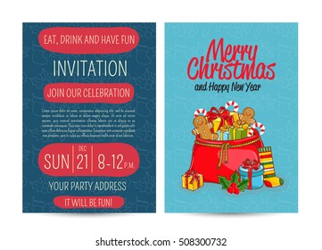 Merry Christmas and Happy New Year greetings card. Template of christmas party invitation.