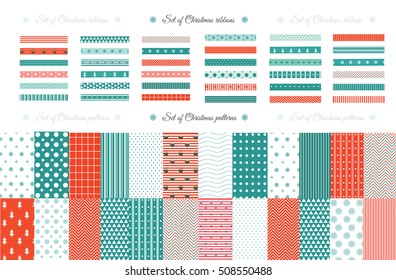 Merry Christmas and Happy New Year Set of Classic Christmas patterns with red, green and white colors. Vector illustration. Big collection of 21 winter holiday backgrounds.