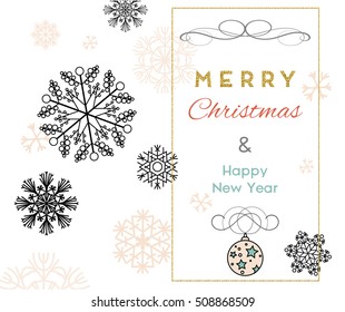 Merry Christmas and Happy New Year greeting card with snowflakes and star, vector illustration.