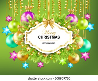 Merry Christmas and Happy New Year frame with gold ribbon, serpentine, stars, colorful  balls and fir-tree.  Vector illustration.