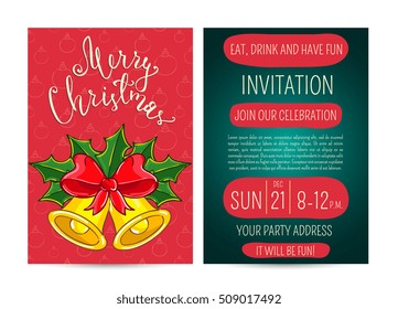 Merry Christmas and Happy New Year greetings card. Template of christmas party invitation. 
