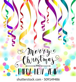 Merry Christmas and Happy New Year card. Colorful paper streamers and confetti. Retro vector illustration. Place for your text. Design for poster, invitation, gift certificate