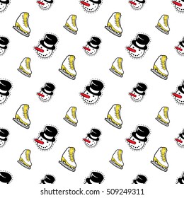 Merry Christmas and Happy New Year Seamless Pattern with Snowman, Skates. Winter Holidays Wrapping Paper. Vector background