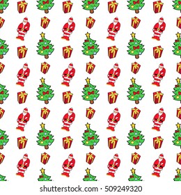 Merry Christmas and Happy New Year Seamless Pattern with Gifts, Santa Claus. Winter Holidays Wrapping Paper. Vector background