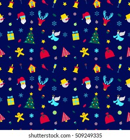 Merry Christmas and Happy New Year Seamless Pattern with Santa, Decorative Elements. Winter Holidays Wrapping Paper. Vector background