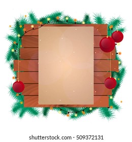 Merry Christmas and Happy New Year. Old vintage paper. Vintage Christmas Background, Wooden frame, Vector illustration