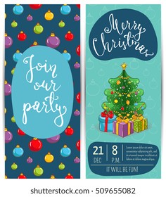 Merry Christmas and Happy New Year greetings card. Template of christmas party invitation.