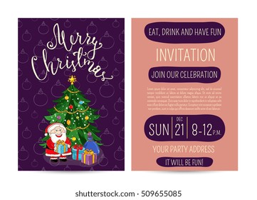 Merry Christmas and Happy New Year greetings card. Template of christmas party invitation.