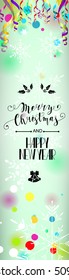 Merry Christmas and Happy New Year web banner. Colorful paper streamers and confetti. Vector illustration. Place for your text. Design for poster, invitation, gift certificate, card.