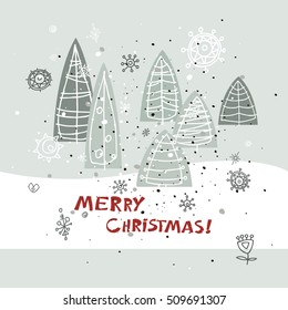 Merry Christmas and Happy New Year greeting card. Holidays vector illustration. Winter abstract stylized trees Christmas trees.