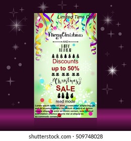 Merry Christmas and Happy New Year web banner. Colorful paper streamers and confetti. Christmas Sale. Place for your text. Design for poster, invitation, gift certificate, card.
