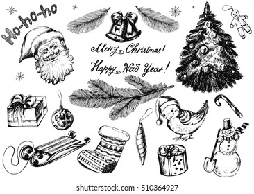 Merry Christmas and Happy New Year collection. Hand drawn Holiday illustration in vintage style for greeting card, print, wrapping and other Winter holiday design. Black and white.