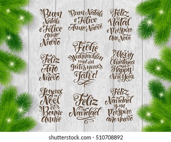 Merry Christmas and Happy New Year lettering set in different languages: Portuguese, Italian, Spanish, French, German, English. Holidays vintage calligraphy for invitation, greeting card, prints