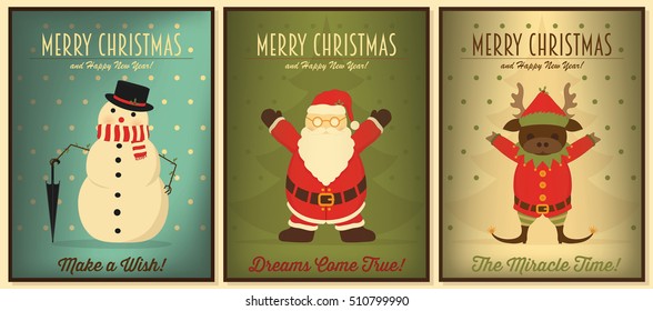 Merry Christmas and Happy New Year Posters in Retro Style. Vector Christmas Illustrations - Snowman, Santa Claus, Christmas Deer. Vintage Christmas Posters. Christmas Vintage Cards.