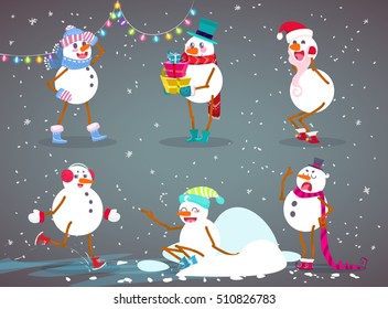 Merry Christmas and Happy New Year Set with cute snowmen characters. Six  Cheerful snowmen in clothes,Christmas attributes, isolated on background. Hand drawn vector illustration, cartoon design.